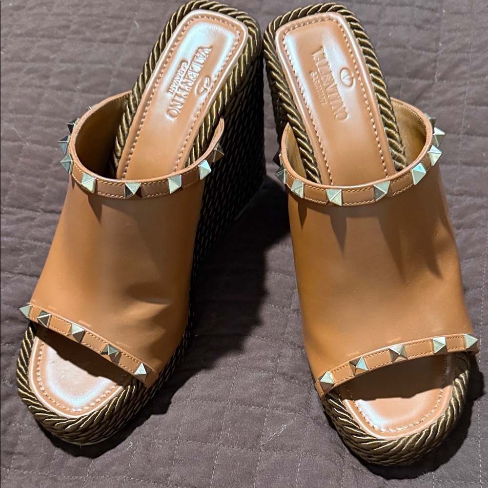 Valentino Tan Studded Wedge Sandals